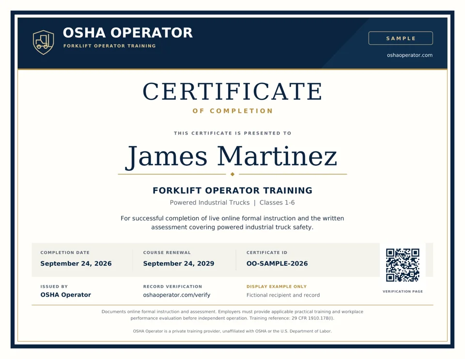 Sample OSHA Operator certificate of completion