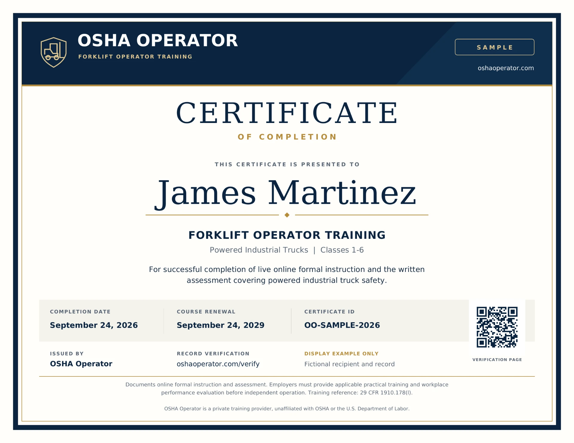 Sample OSHA Operator certificate of completion