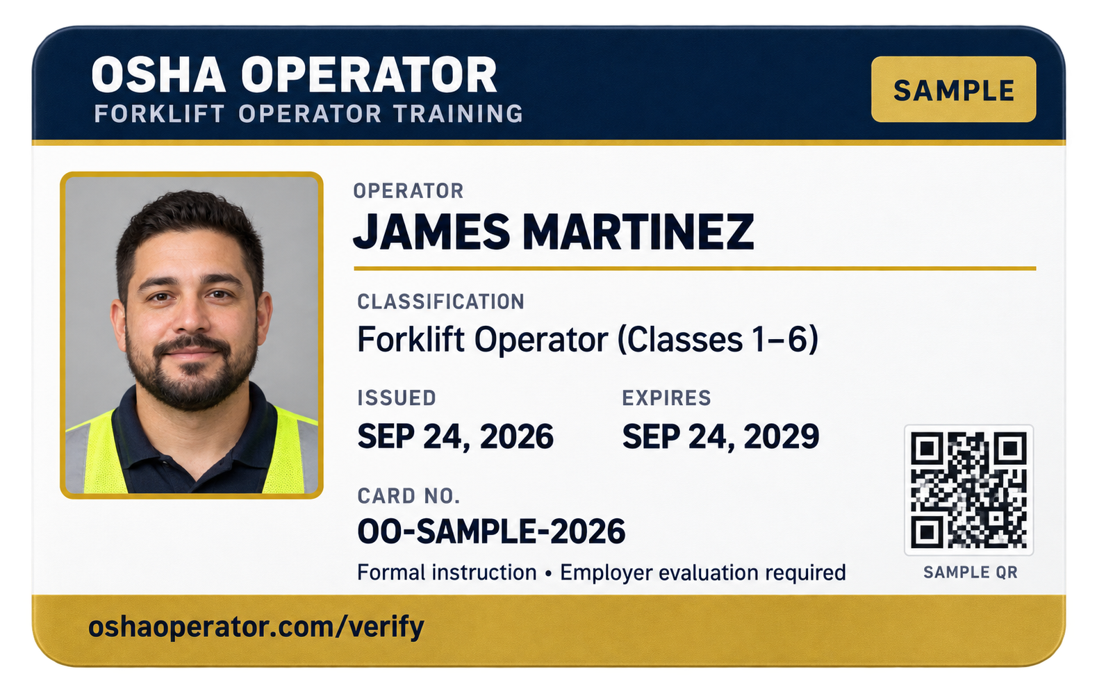 Sample OSHA Operator forklift operator wallet card